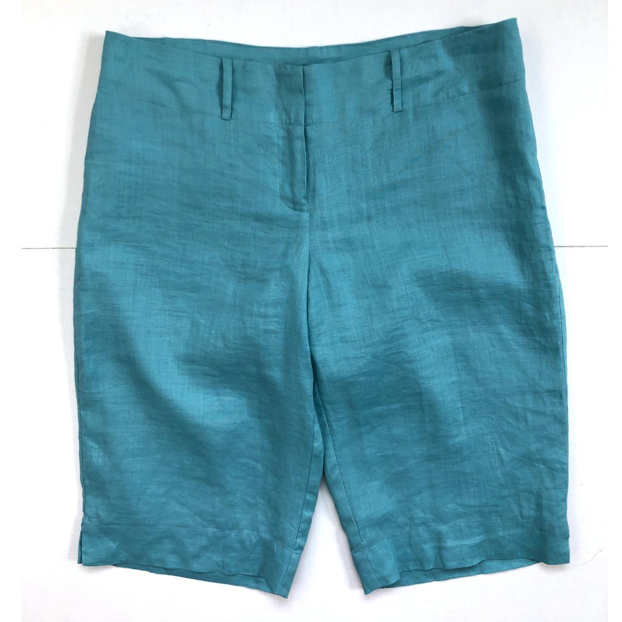 Vintage Linen Shorts | 90s Teal Blue Long Shorts |... - Depop