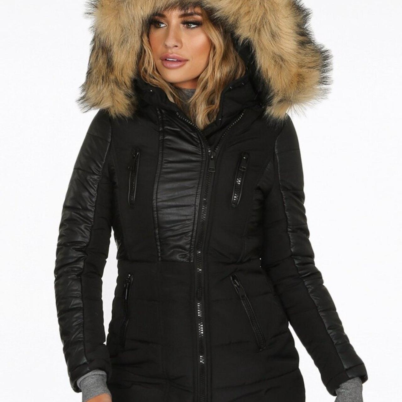 Women's Black Faux Fur Hooded Coat Size Small Medium... - Depop