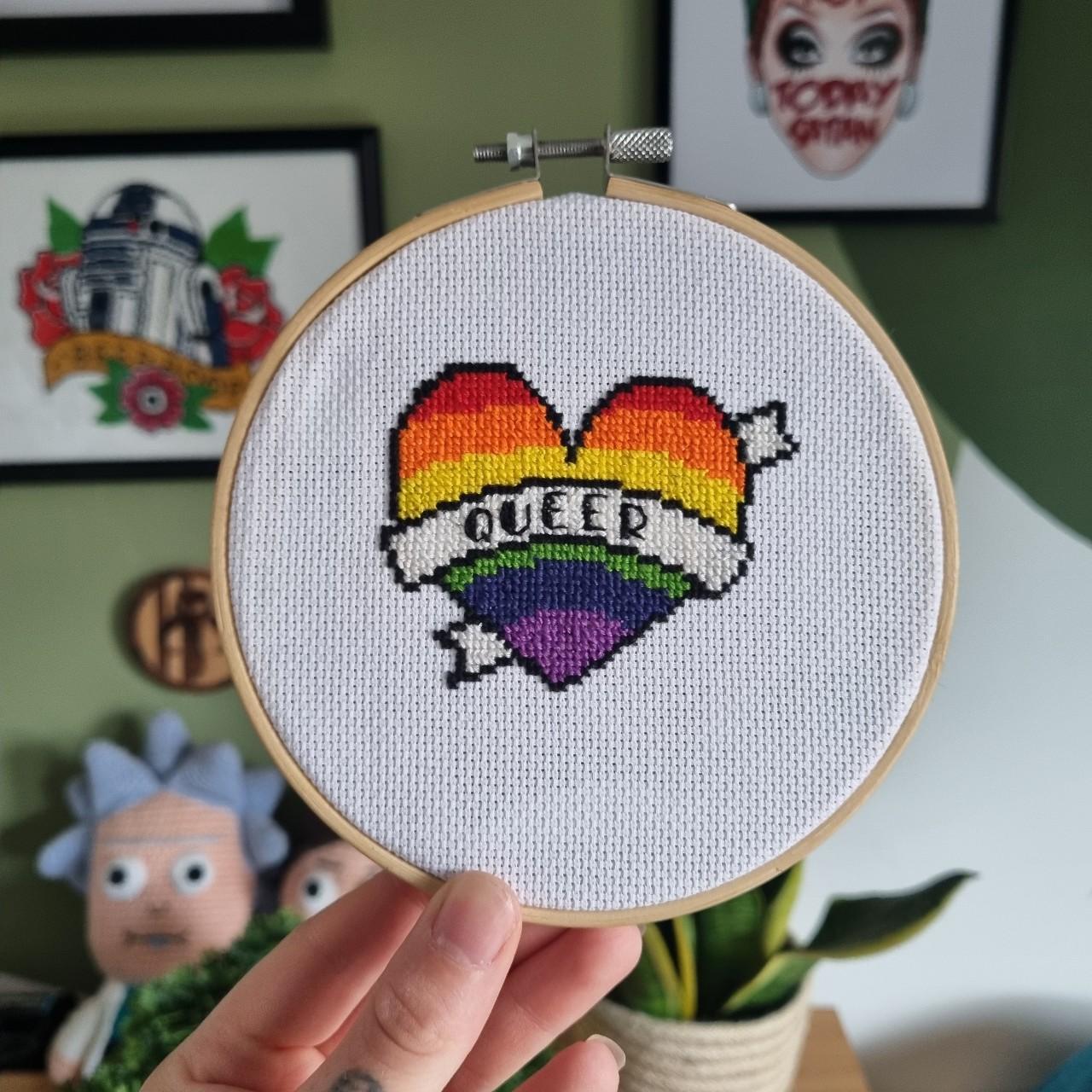 LGBTQ+ Pride Queer Flag Heart Cross Stitch Handmade... - Depop