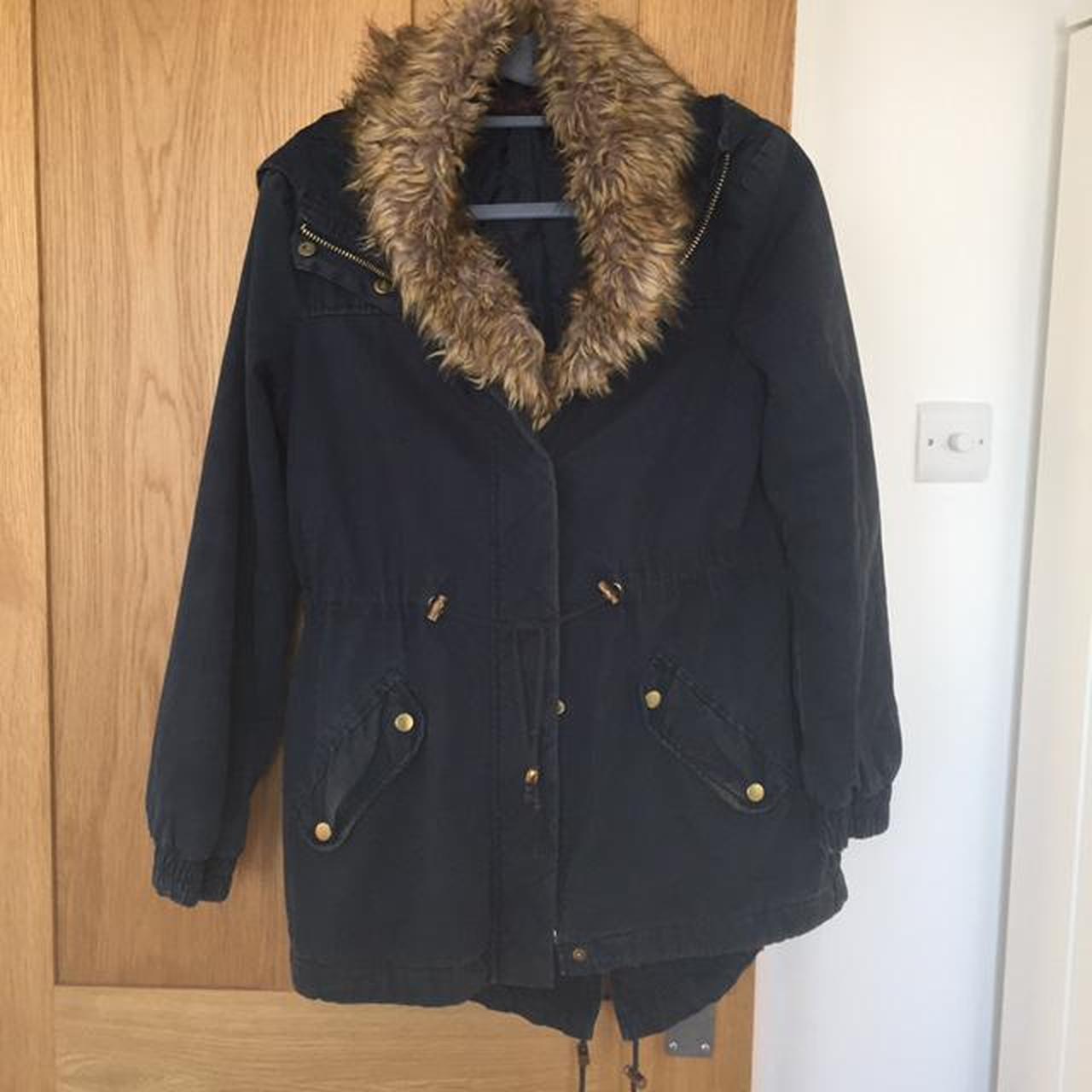 Miss selfridge navy coat with faux fur around the... - Depop