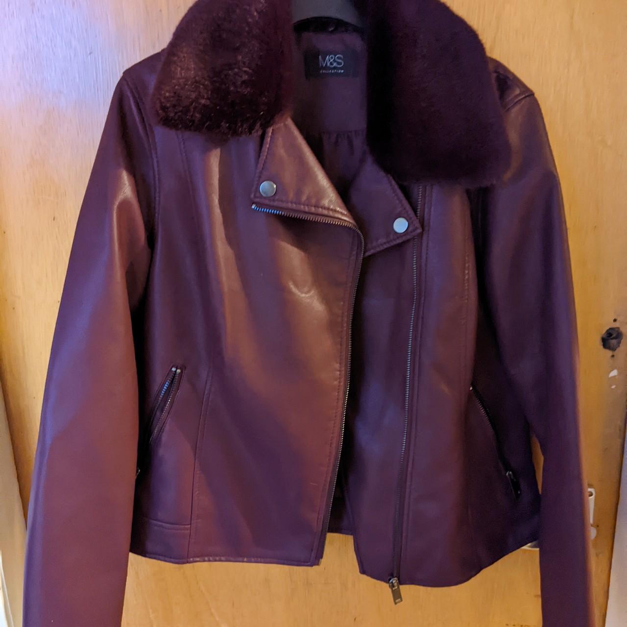 Marks and Spencer burgundy leather jacket with... - Depop