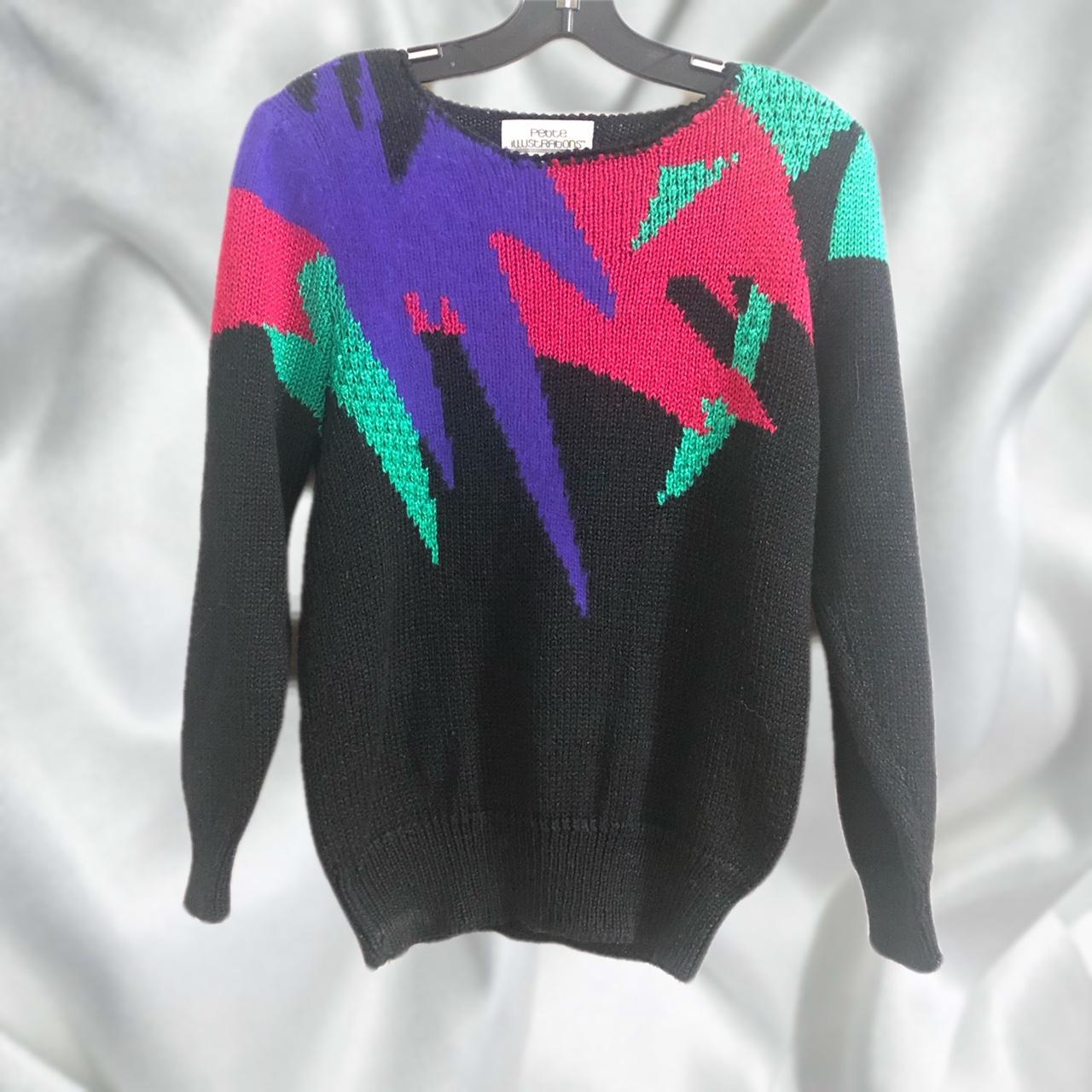 Vintage Abstract Neon Knit Sweater by Petite... - Depop