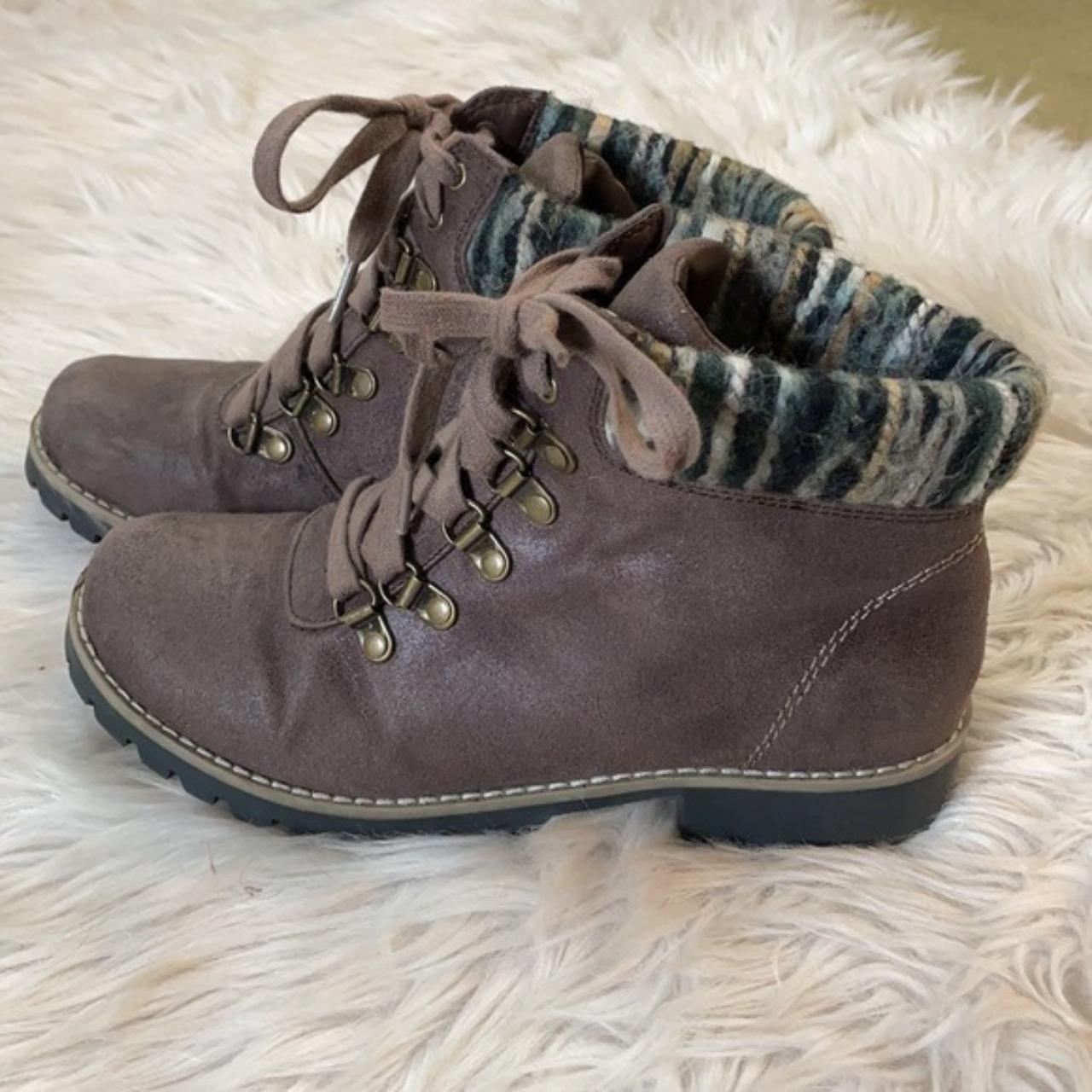 Brown, lace up hiking boots with multicolored fabric... - Depop