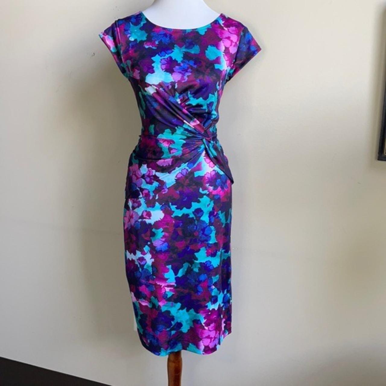 Purple, pink, blue and green floral designed dress... - Depop