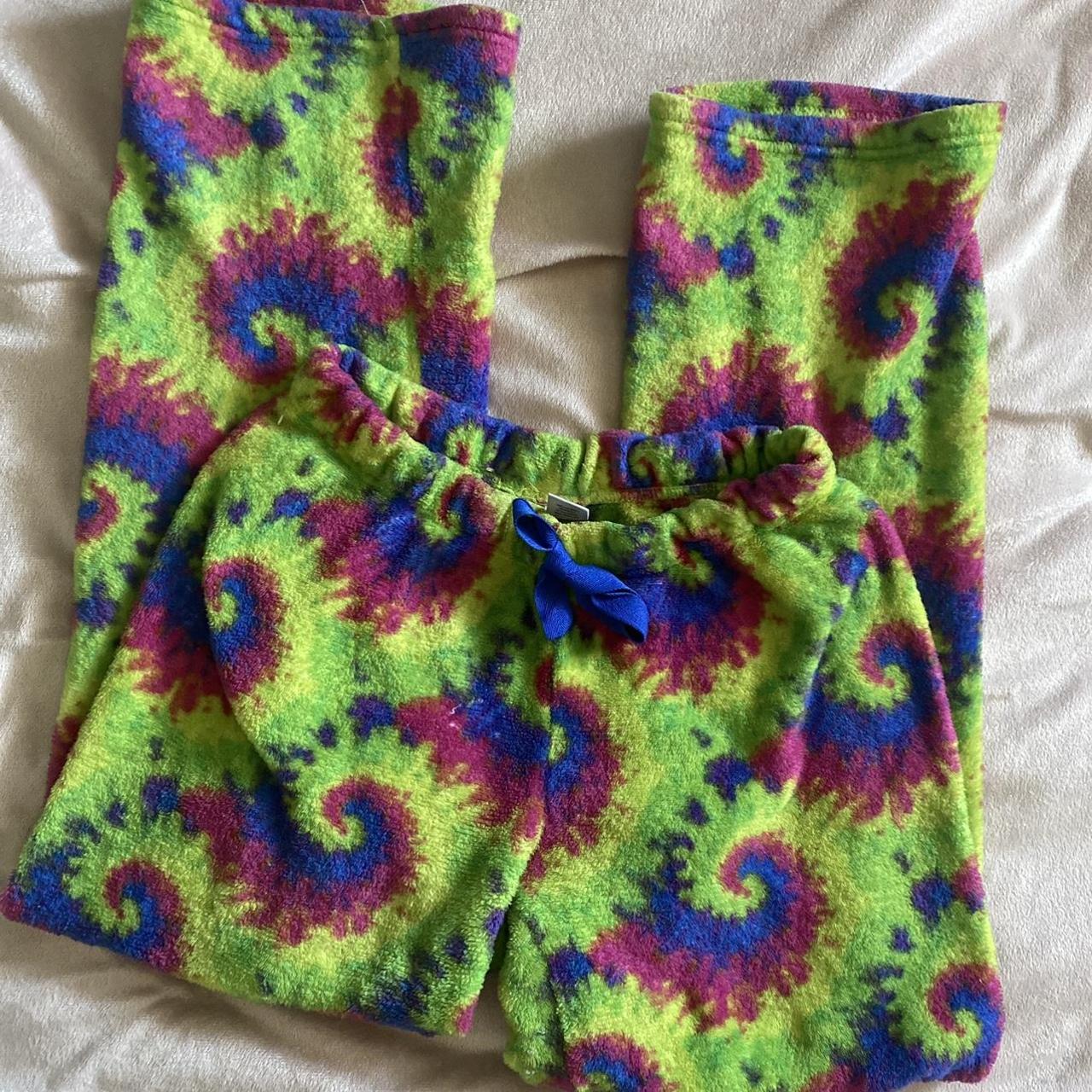 Y2K fuzzy tie dye spiral trippy fun PJ pants for... - Depop