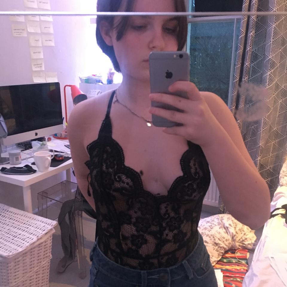 Black sheer mesh bodysuit with velvet Aztec - Depop