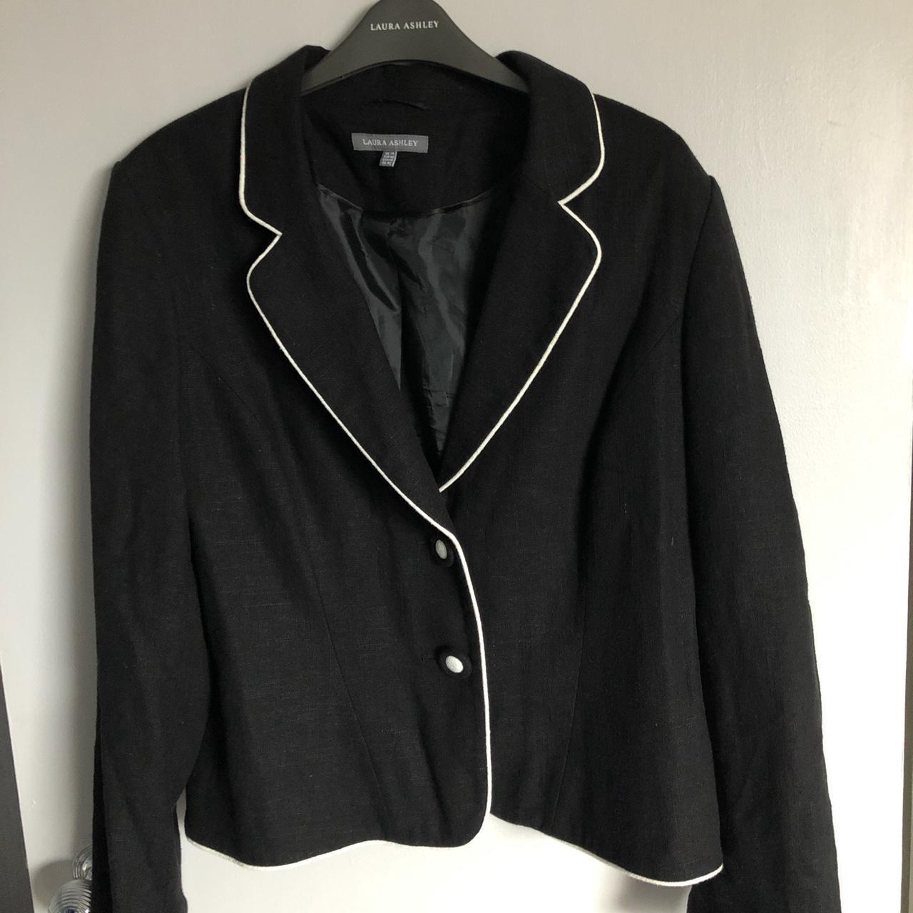 Linen jacket black with white trim and buttons Depop