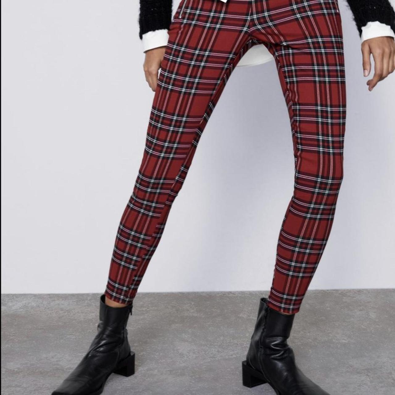 ZARA tartan red leggings with black button