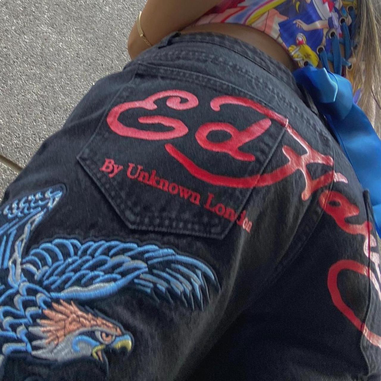 Ed hardy denim jeans with embroidery and logo across... - Depop