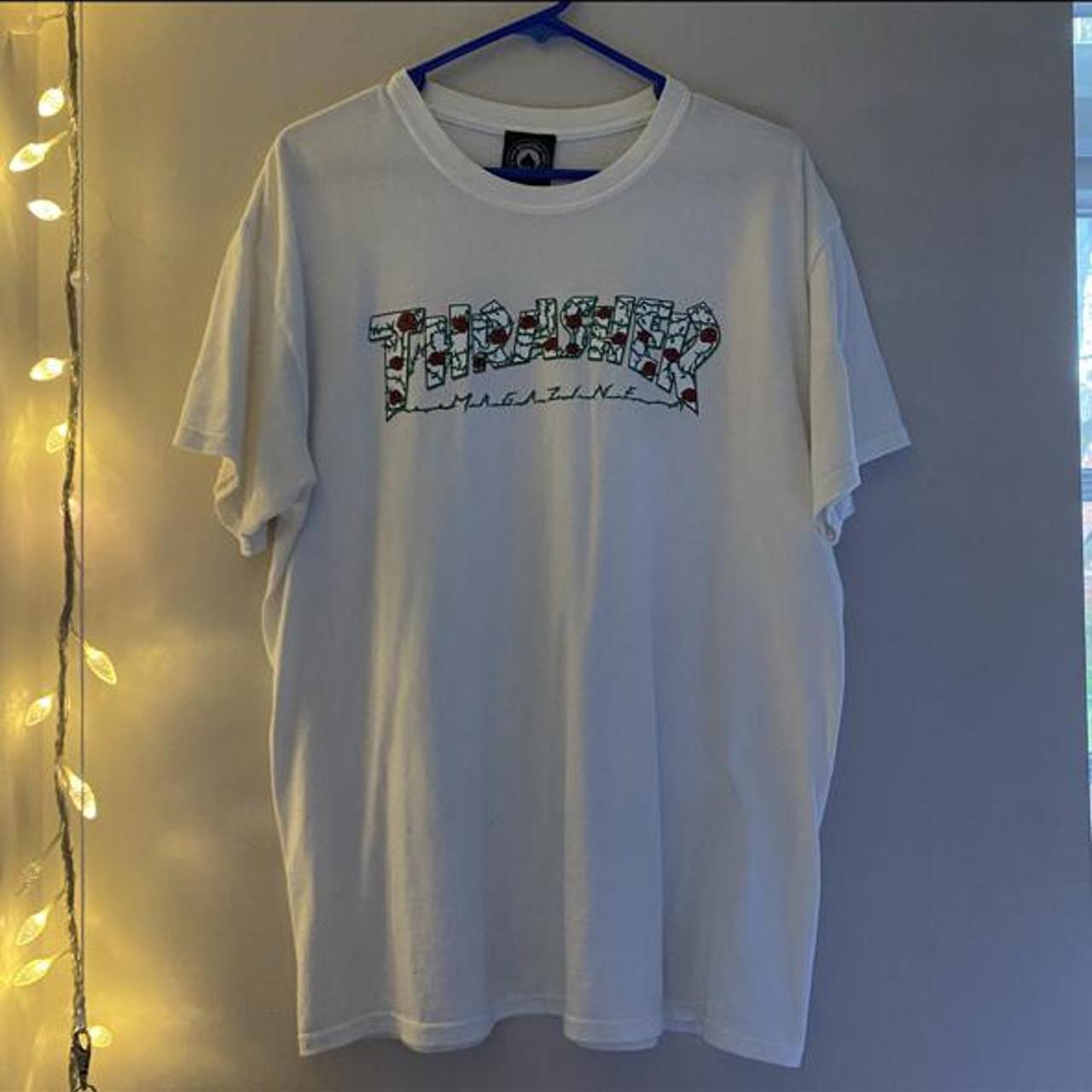 White Thrasher Magazine t shirt with roses and... - Depop