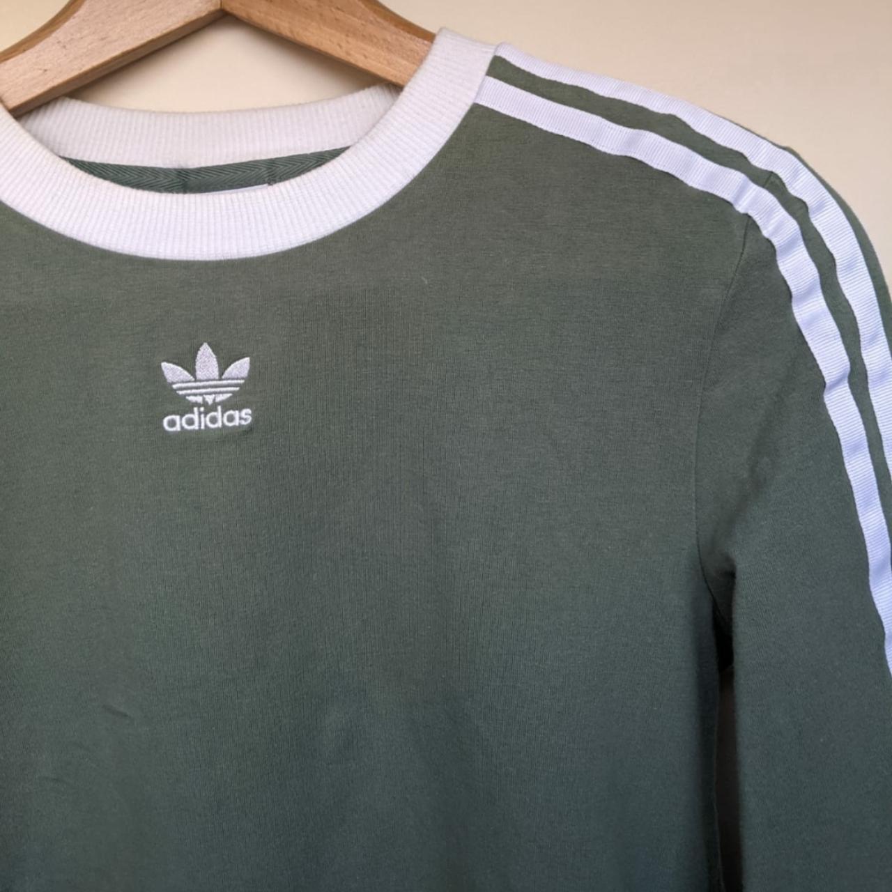 Adidas sage green long sleeve t-shirt featuring 3... - Depop