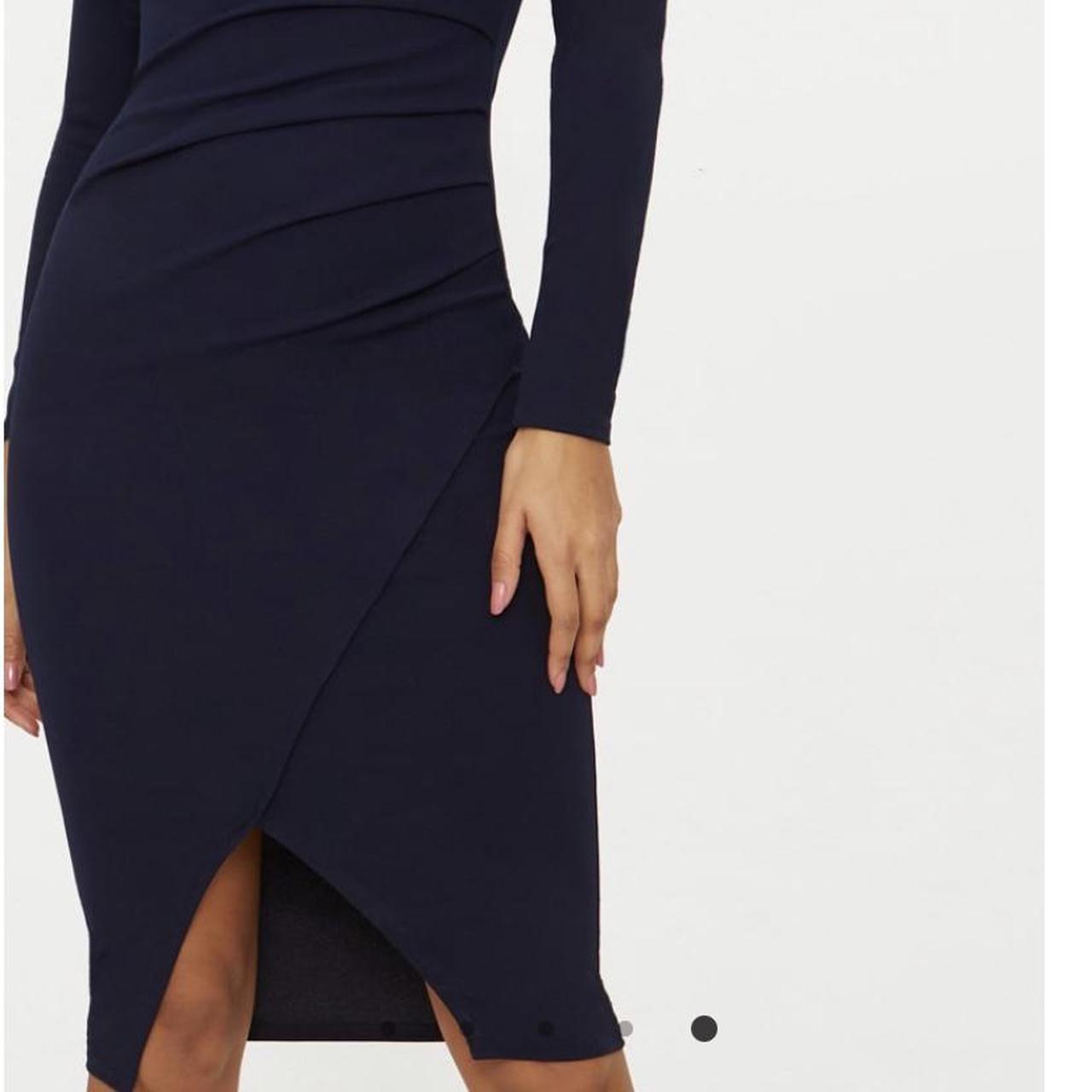 navy asymmetric neck pleated wrap midi dress