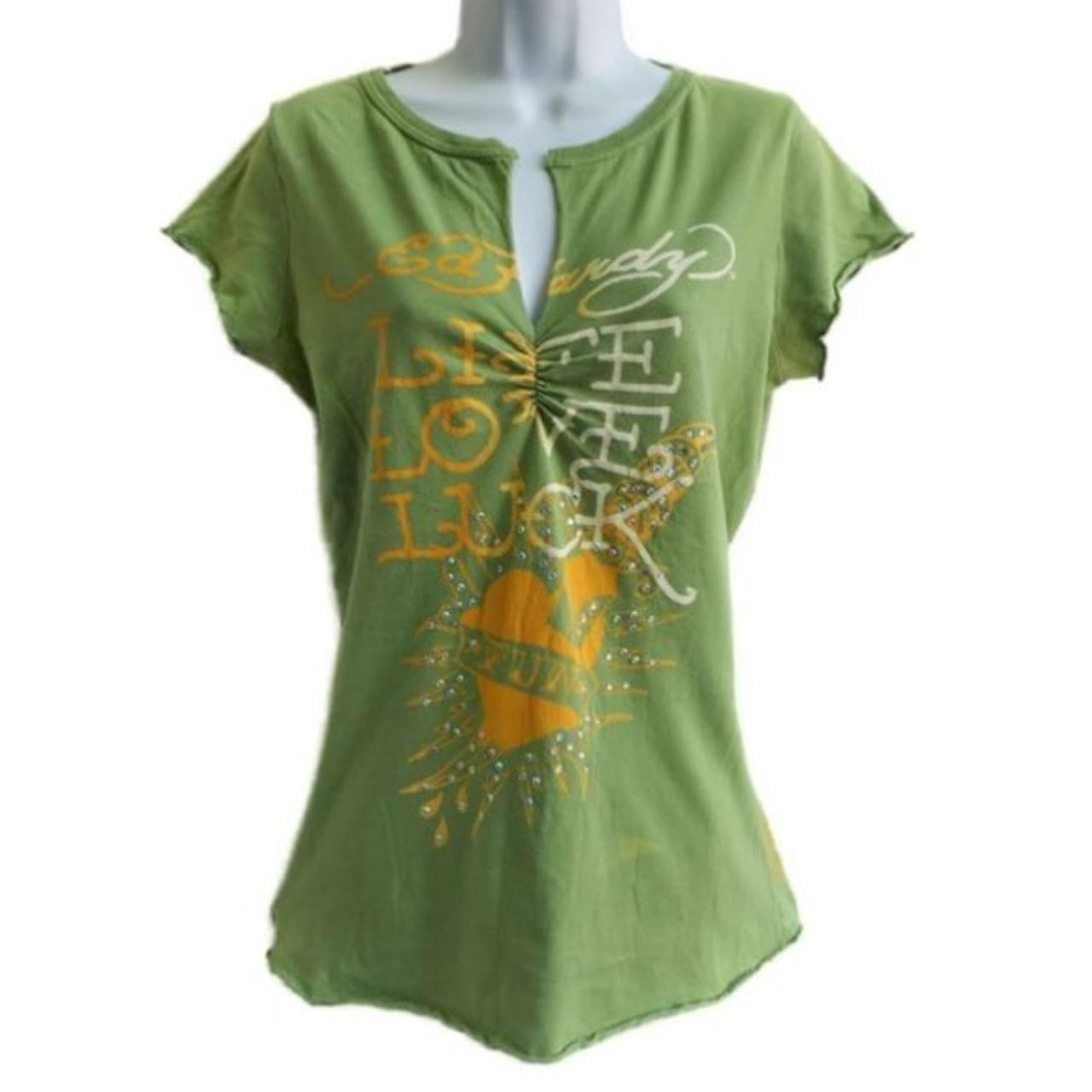 Ed Hardy Women's Green and Gold T-shirt | Depop