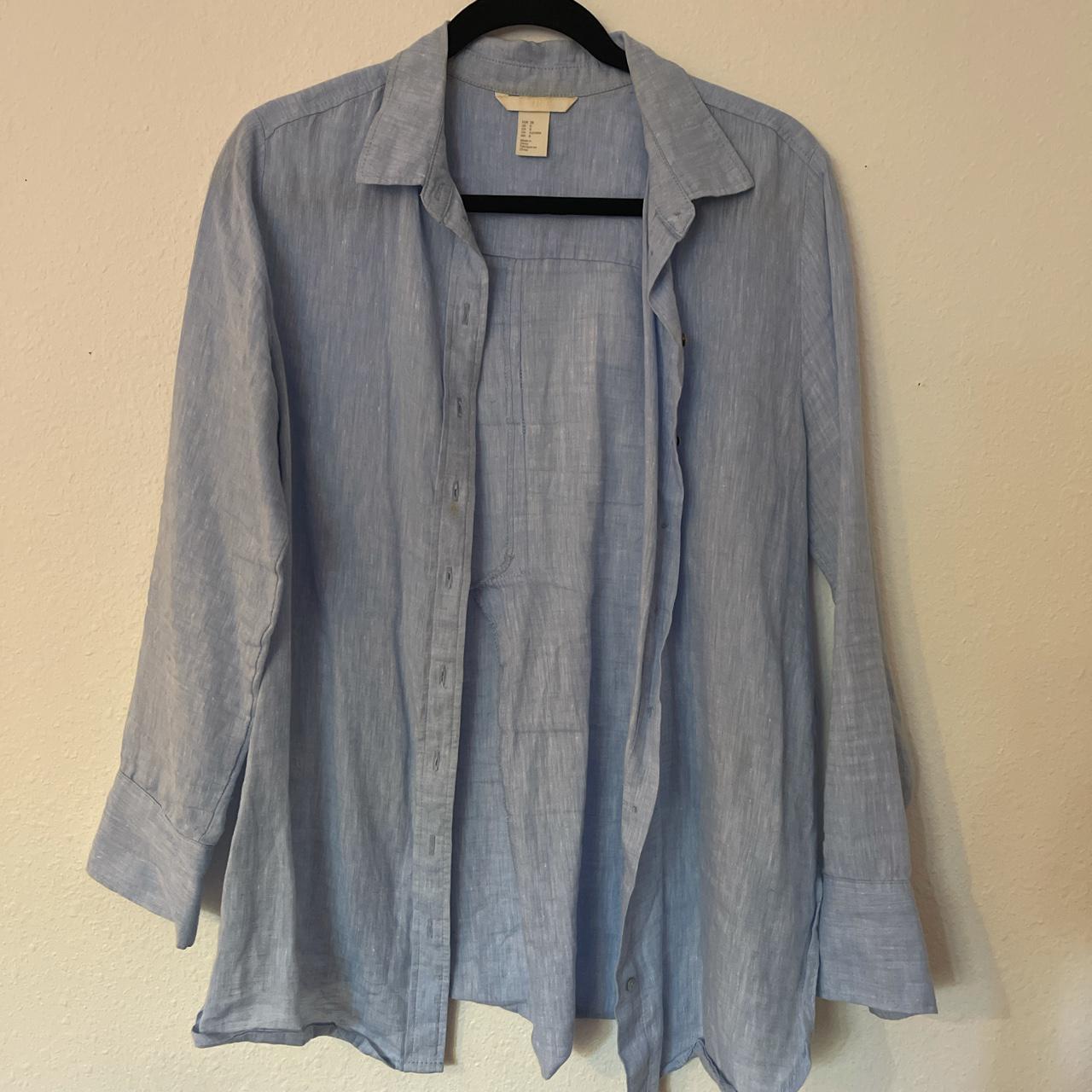 H&M light blue linen button down shirt Women’s 8 - Depop