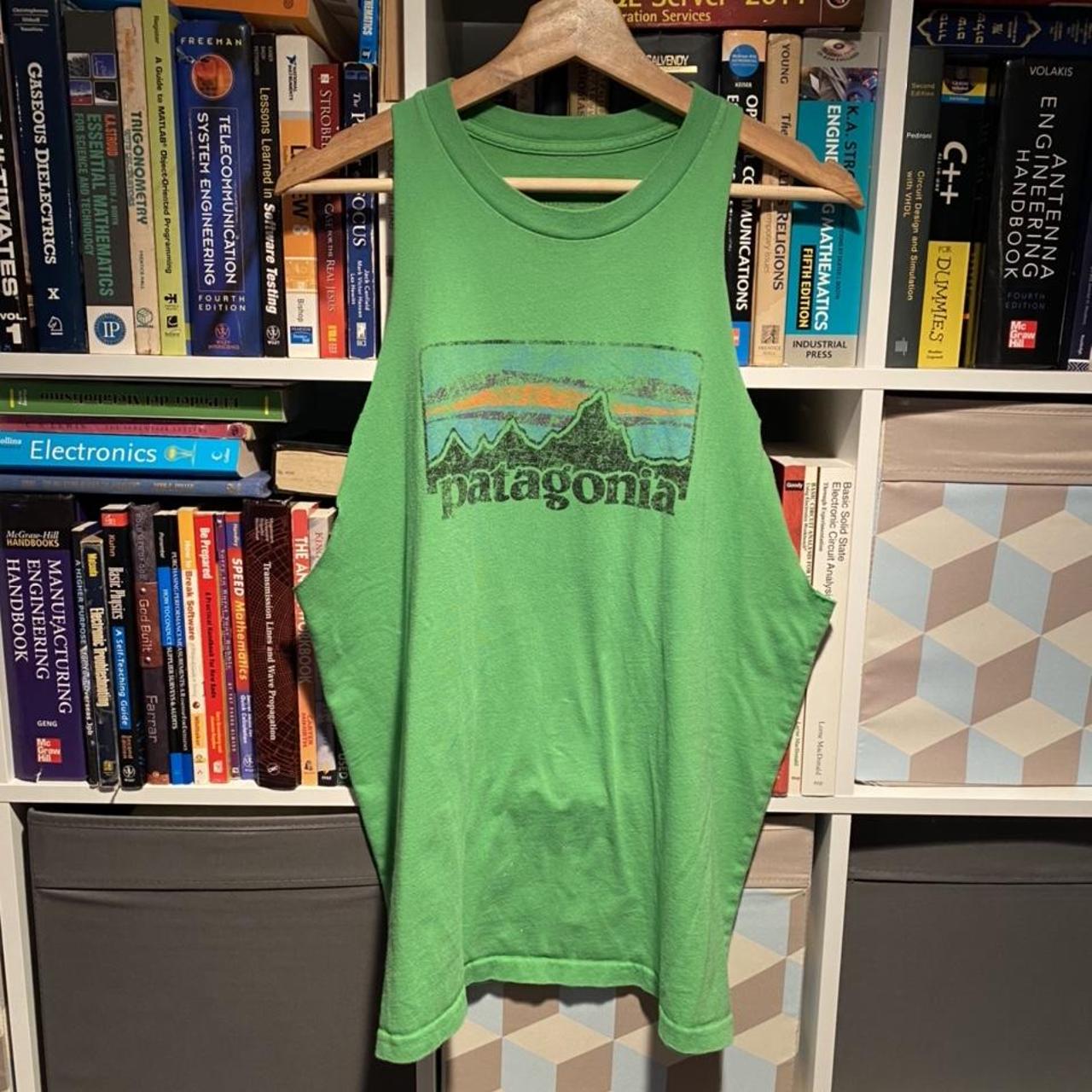 Patagonia Men's Green and Black Tshirt Depop