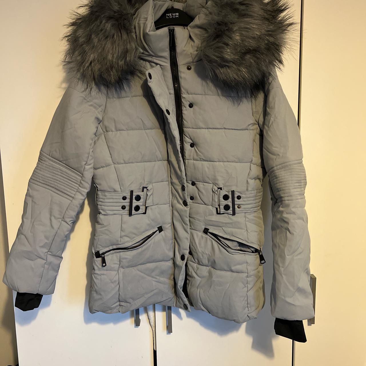 Grey coat with fur hood from rebellious fashion.... Depop