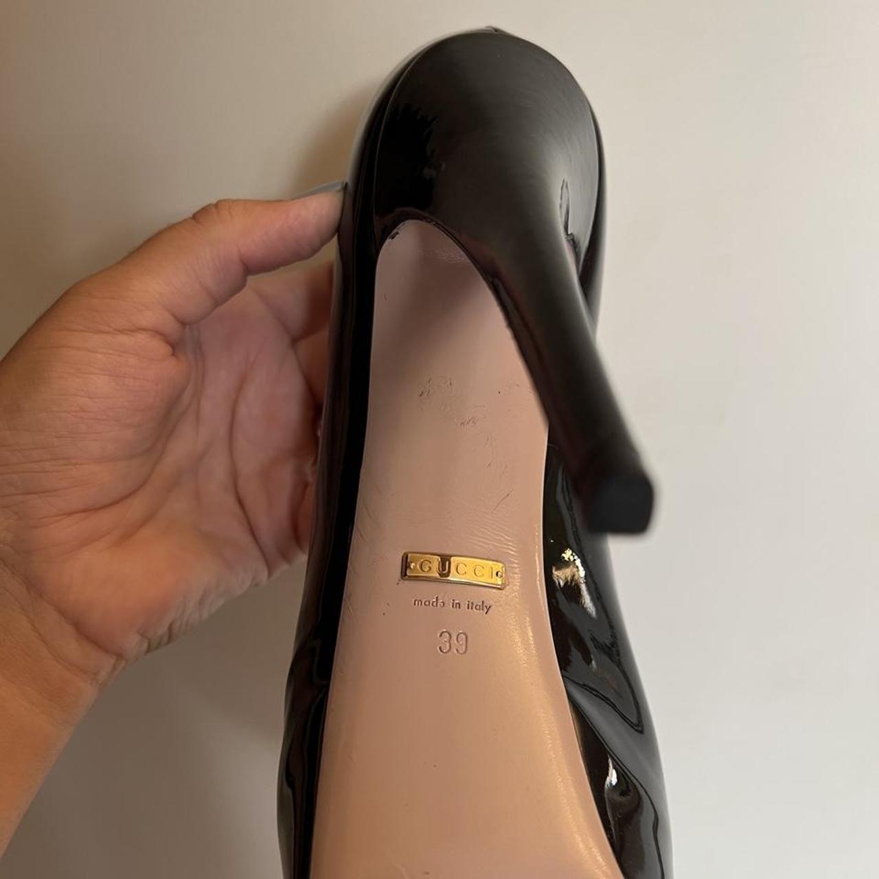 GUCCI classic black patent peep toe court shoe. Worn... - Depop