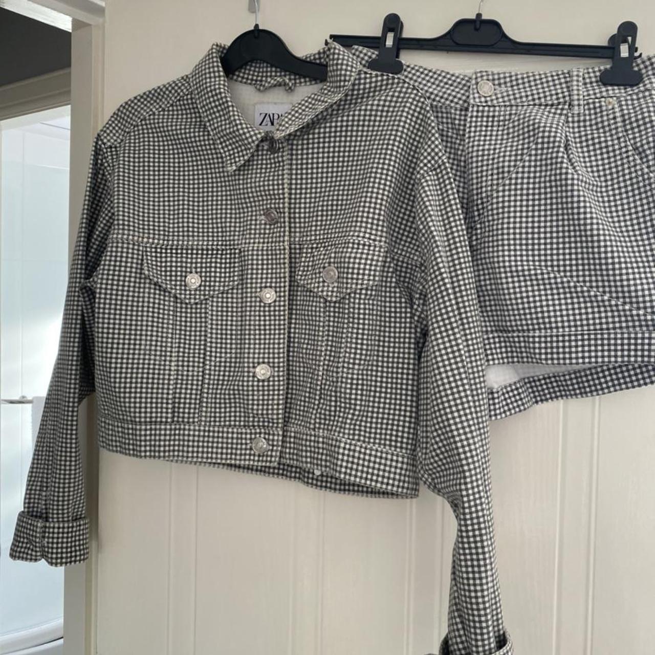 Zara checkered co ord Denium jacket & shorts Size m - Depop