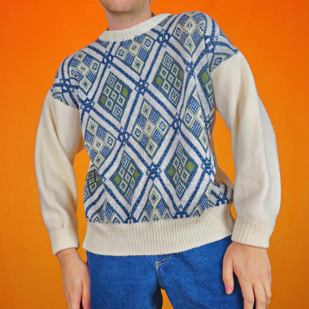 Men's White and Blue Jumper Depop