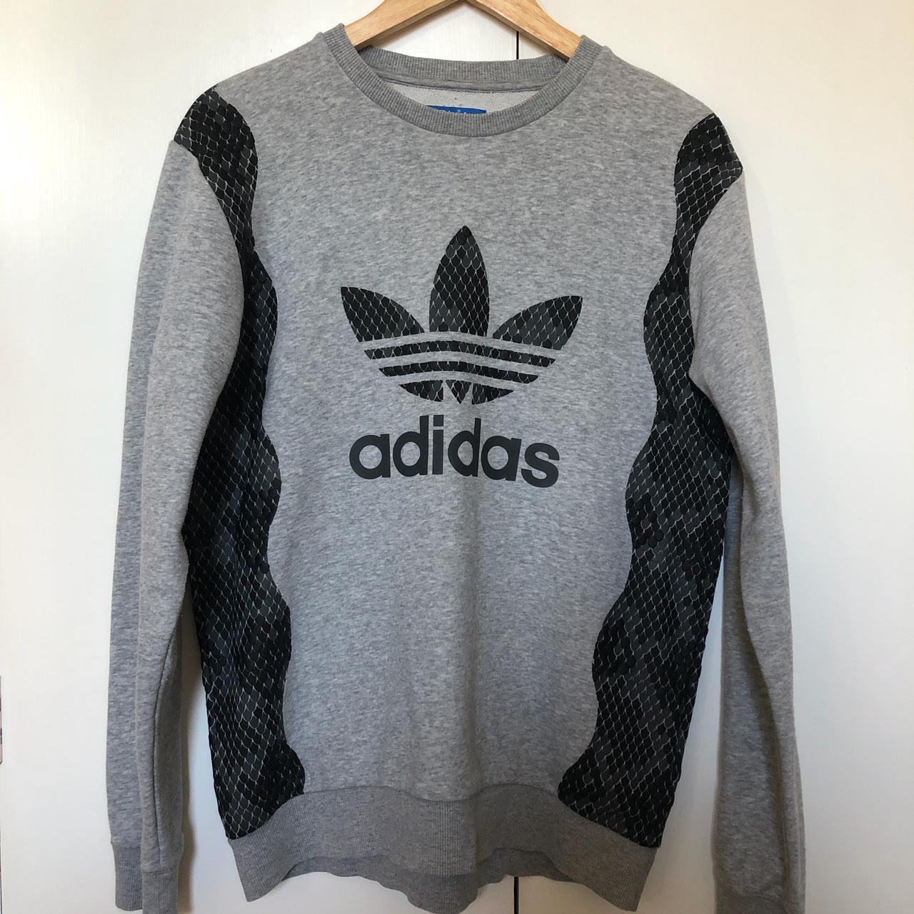 Grey round neck Adidas sweatshirt with scale texture... - Depop