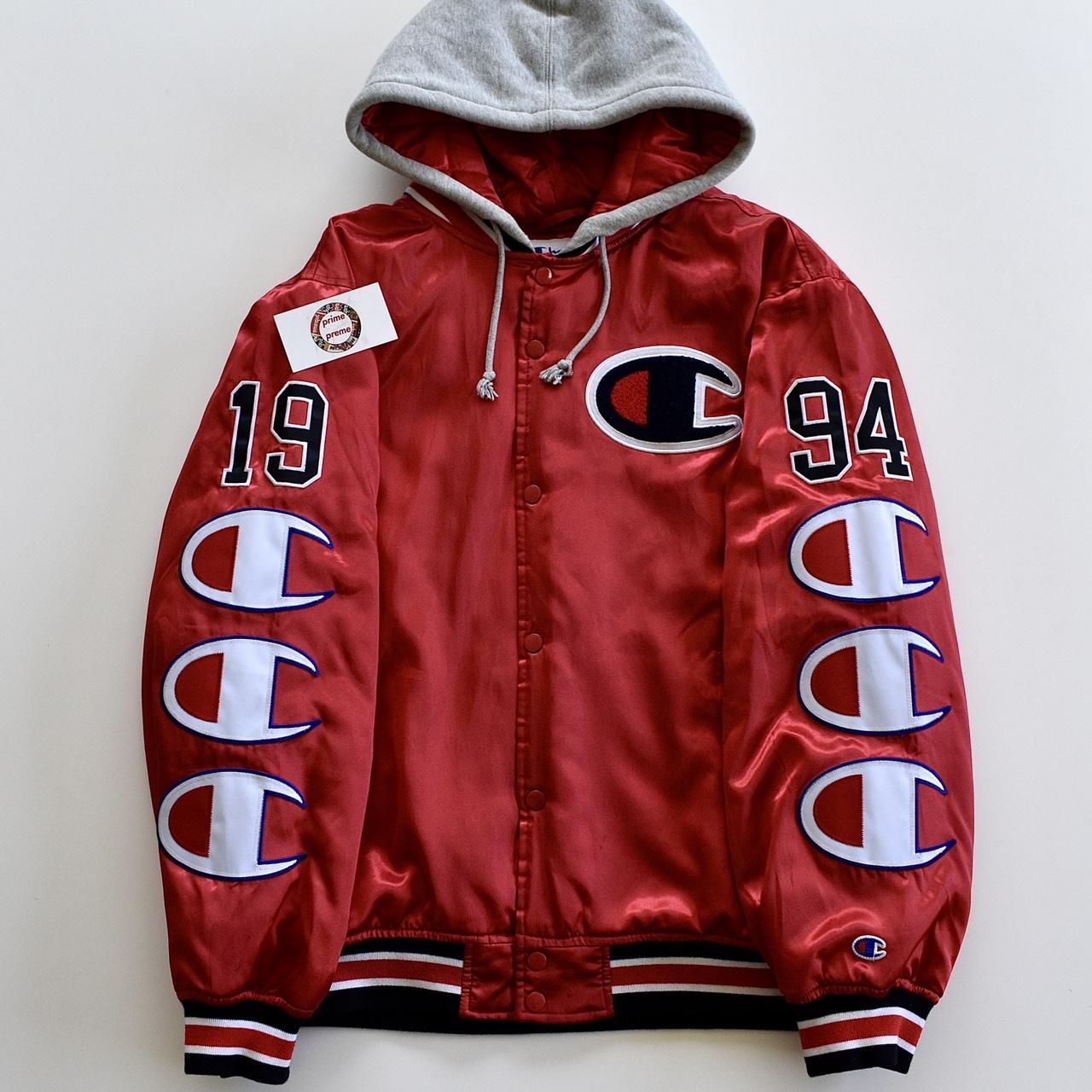 Champion hooded satin varsity jacket online