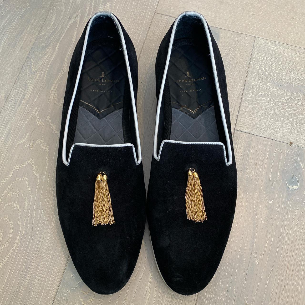 Black suede Louis Leeman loafers with gold tassel...