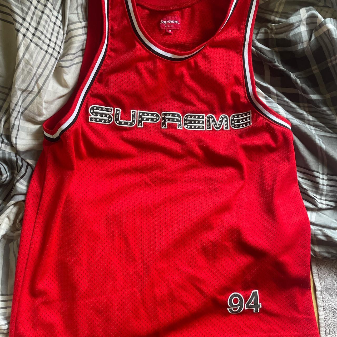 Red Supreme rhinestone SS19 basketball jersey worn... - Depop