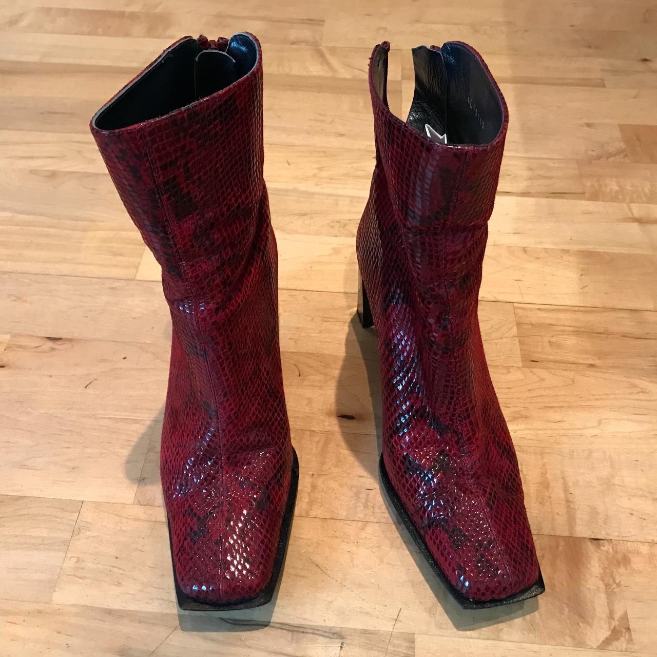 Red Snakeskin Square toe boots Stuart Weizman for