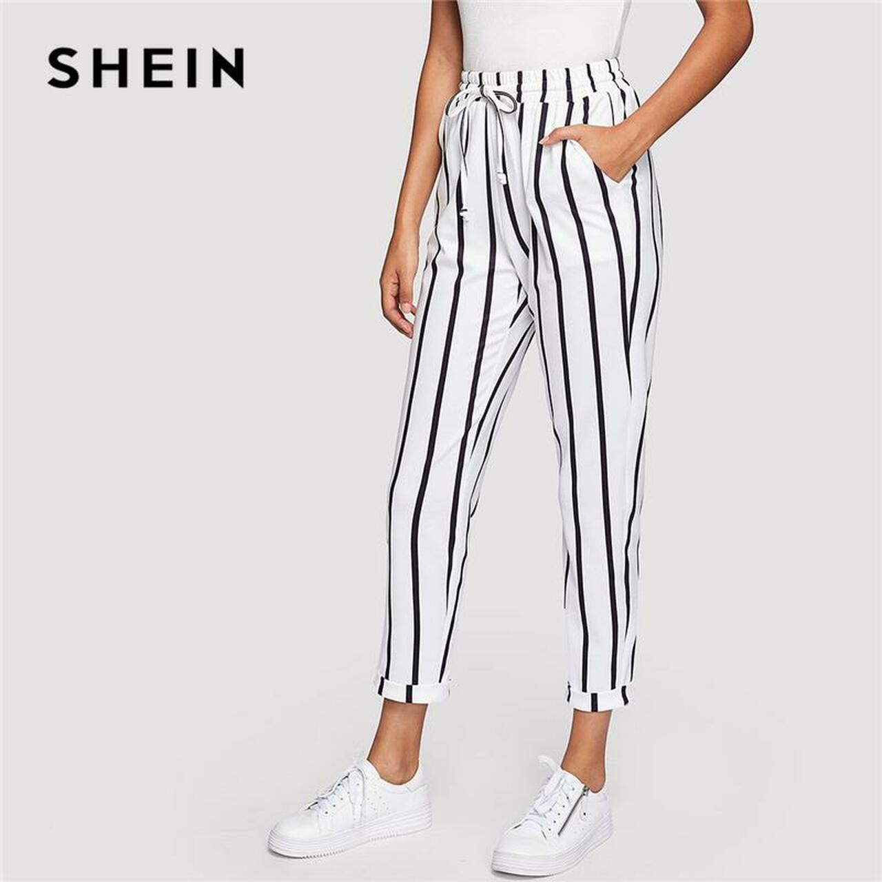 SHEIN Women's Black and White Trousers | Depop