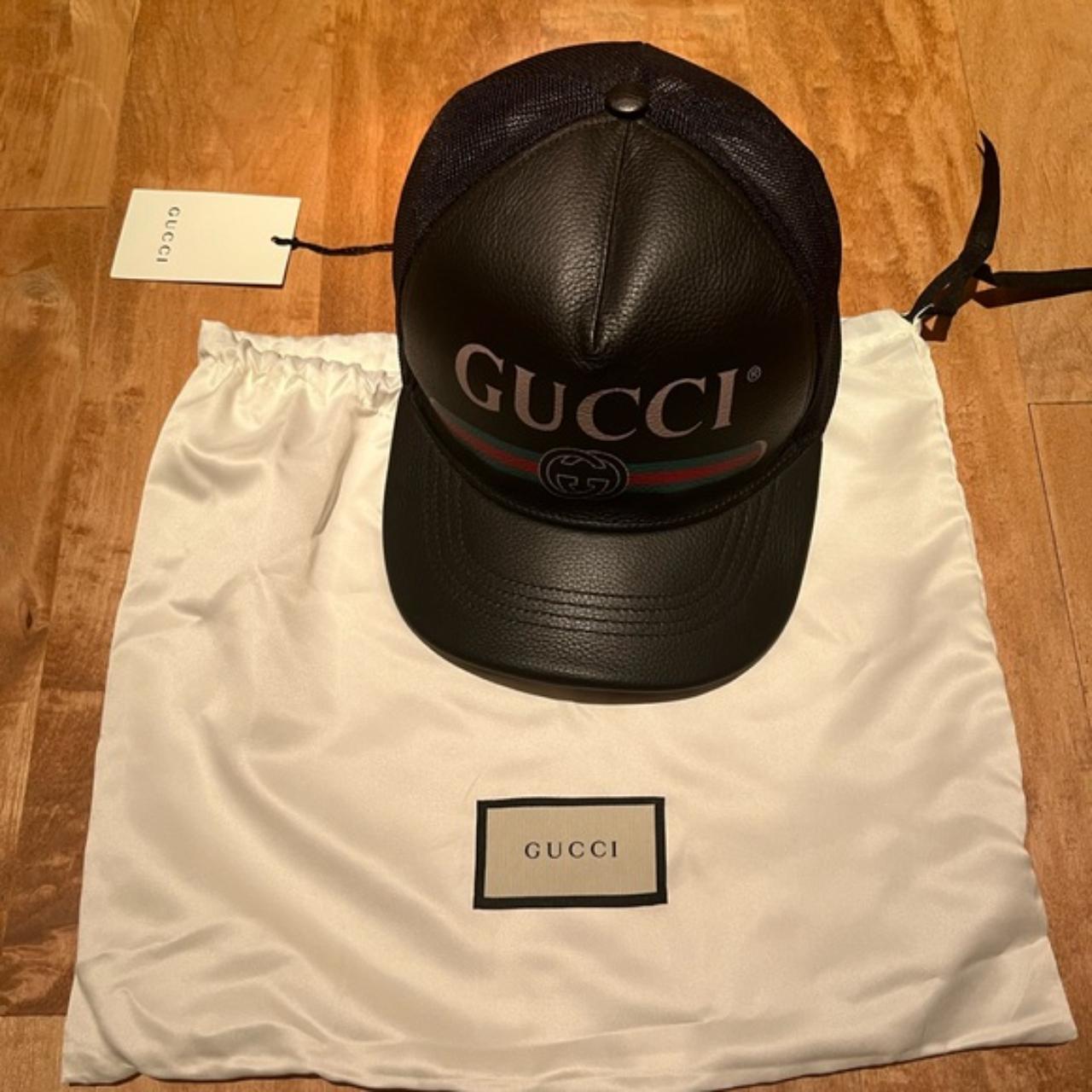 New GUCCI Black Print Leather Web Logo Baseball cap...