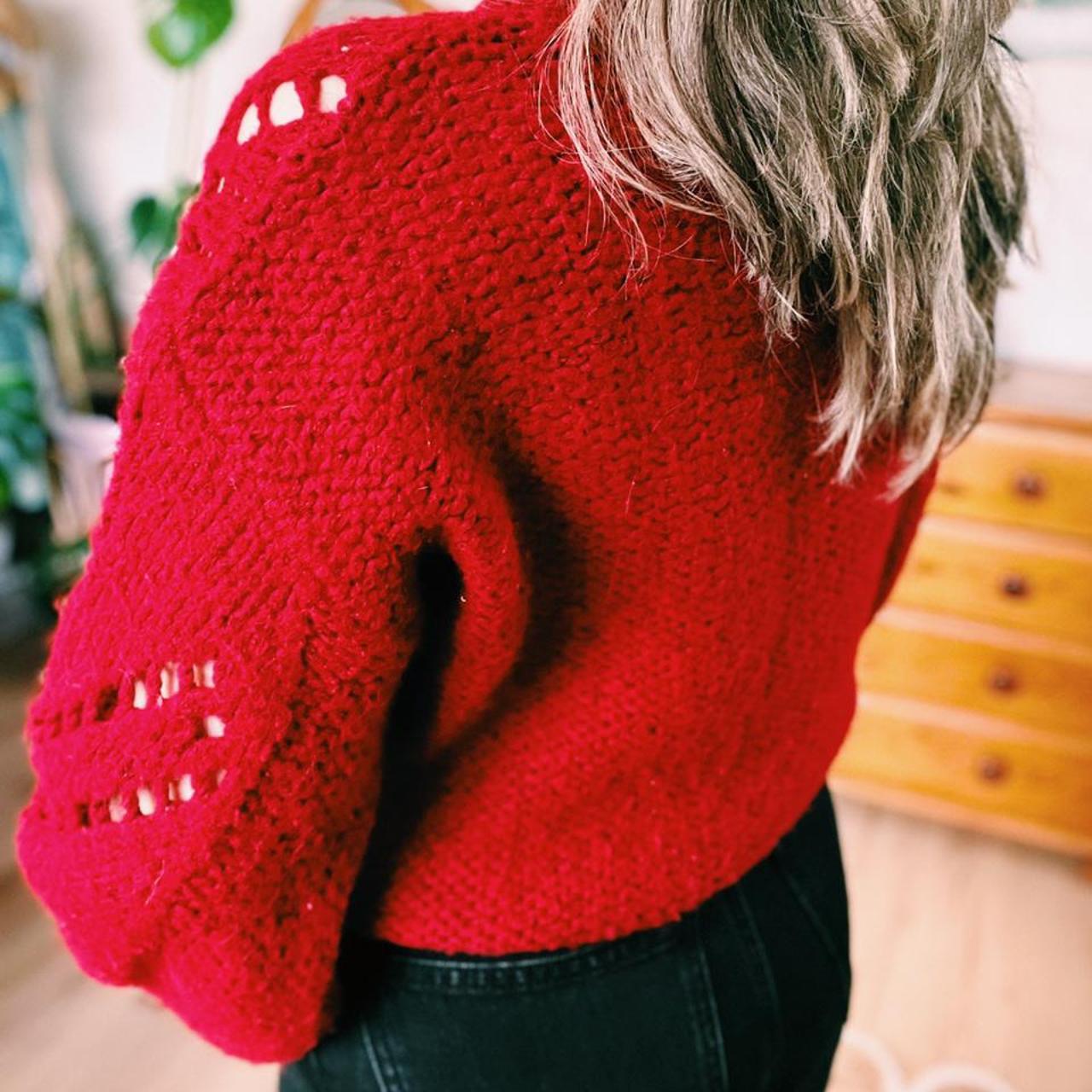 Pointelle red wool blend crochet knitted jumper... - Depop