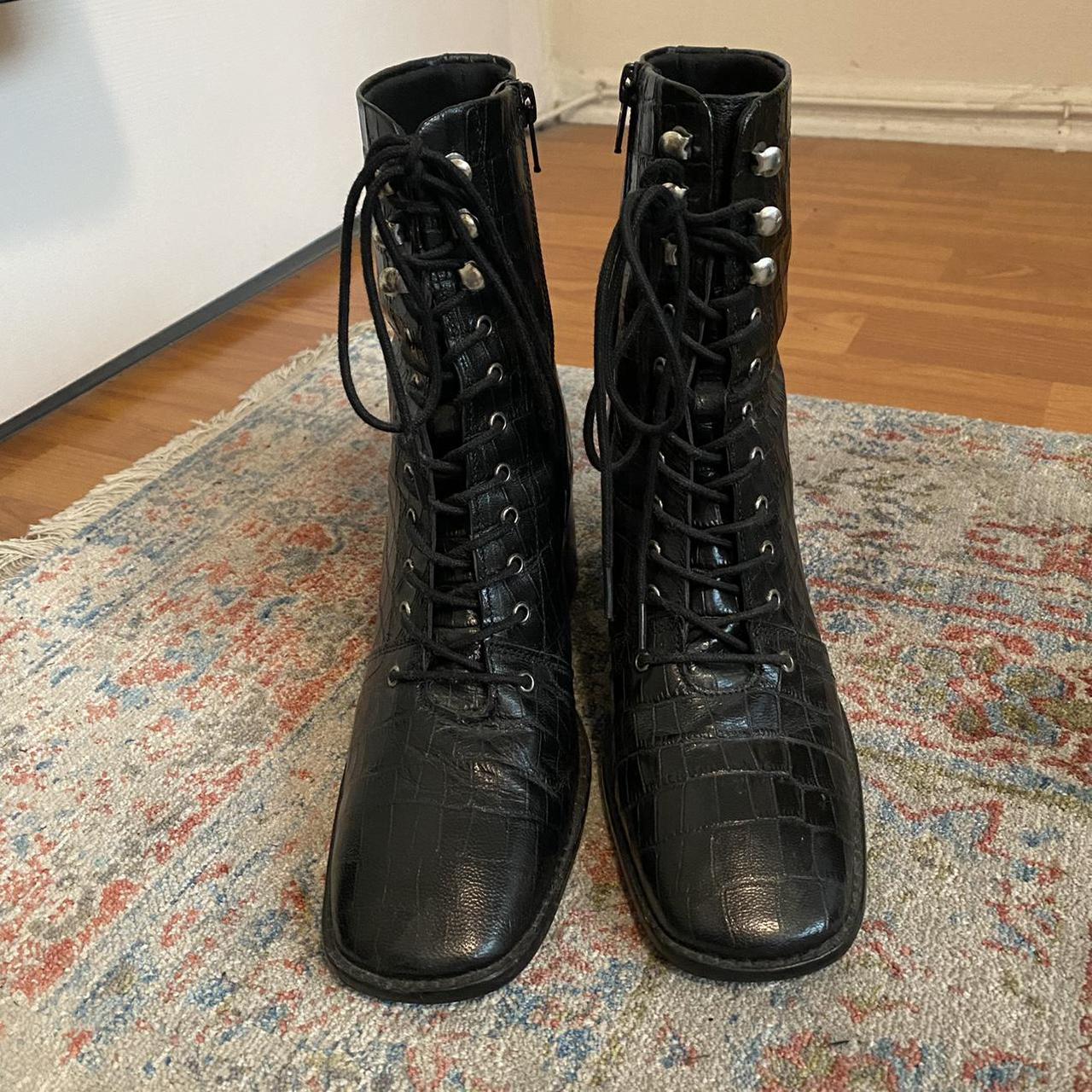 ASOS black leather croc boots with lace up front... - Depop