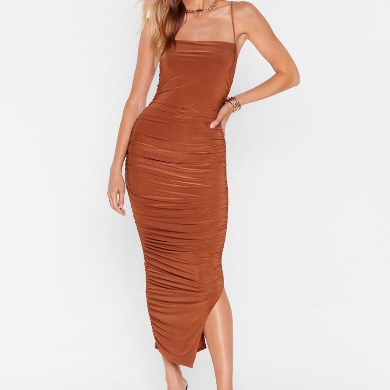Nasty Gal Ruche Bodycon Dress in Cinnamon / Rust... Depop