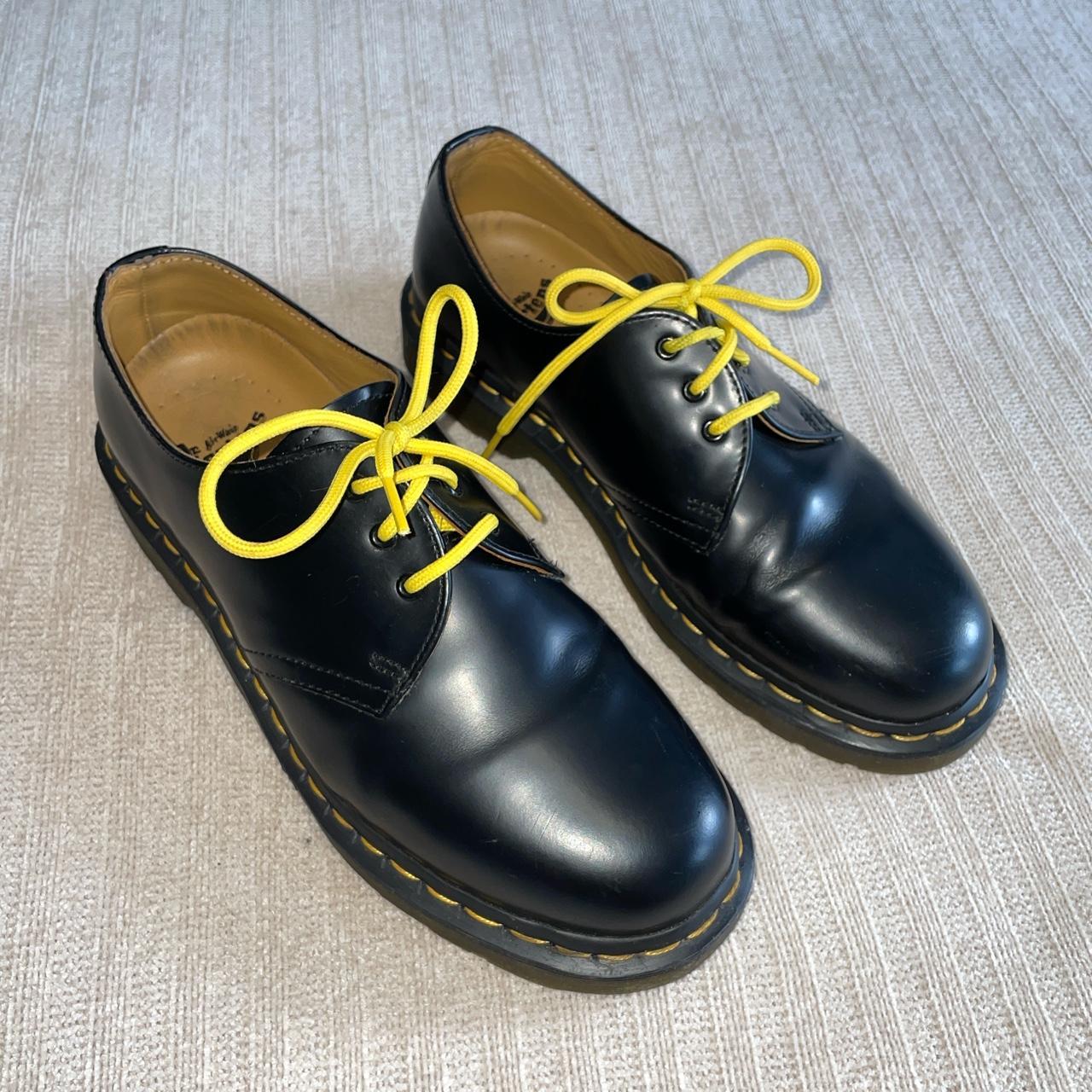 bungee jump Child Deadlock Dr. Martens Black 1461 shoes with yellow laces.... - Depop