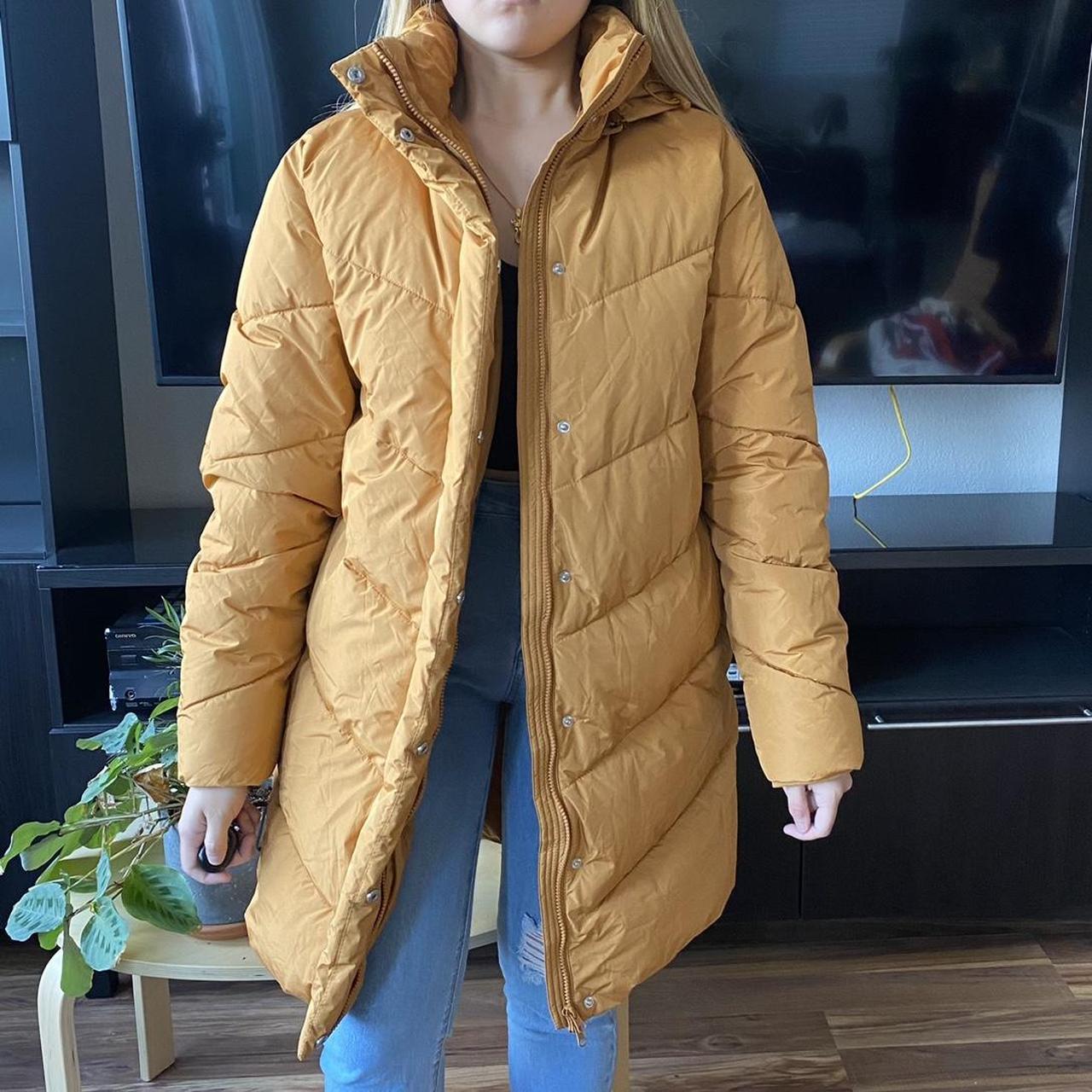 mustard long puffer coat