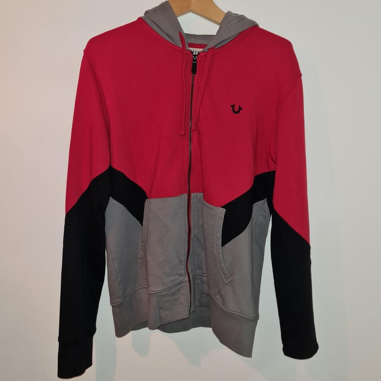 Full Zip True Religion Hoodie Red, Grey, Black Depop