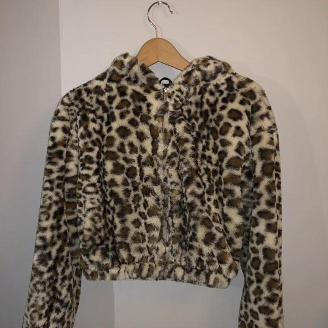 Topshop faux fur leopard hoodie cropped jacket