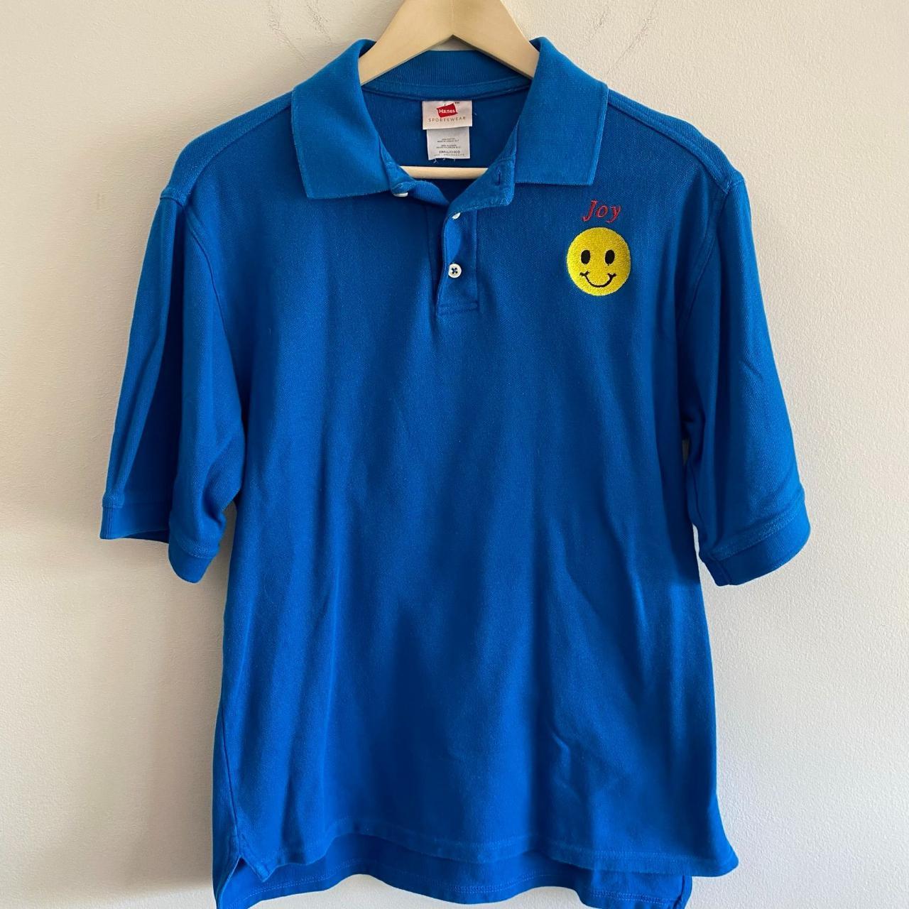 Blue Smiley Joy Polo Shirt Size: S Blue short... - Depop