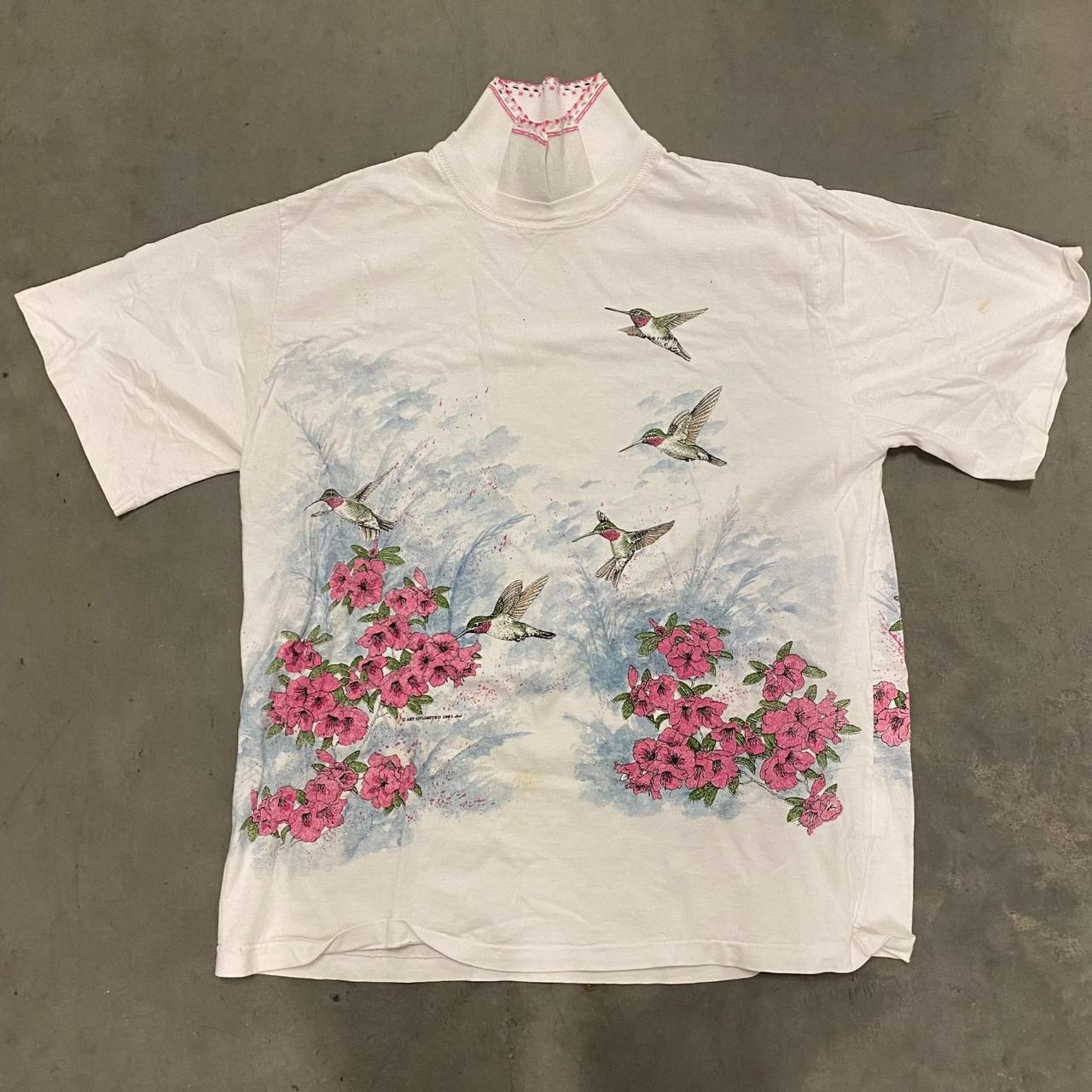 Birds Floral Vintage Polo Shirt Size: XL Chest:... - Depop