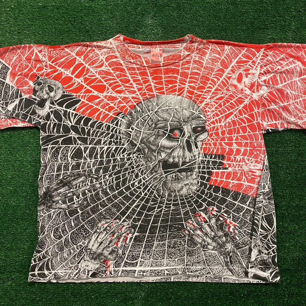 Skull Spiderweb Vintage 90s Punk T-Shirt Size:... - Depop