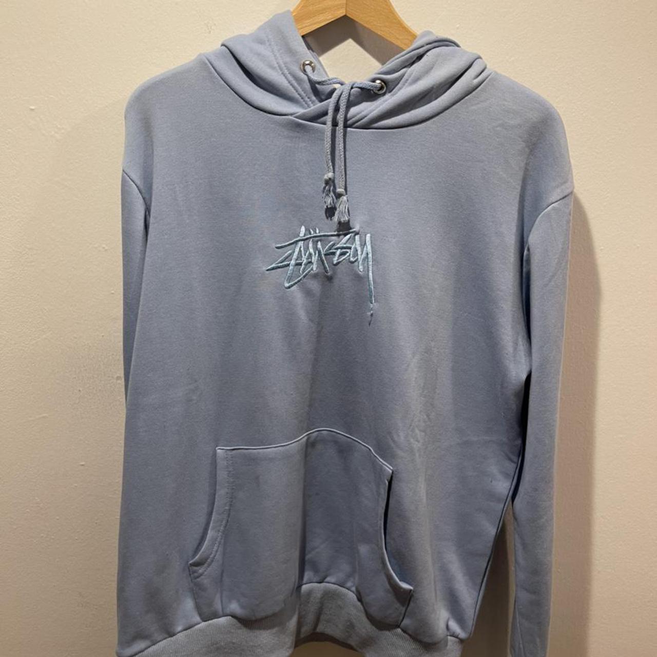 Stussy Pale Blue Logo Hoodie 3 day fast and free... - Depop