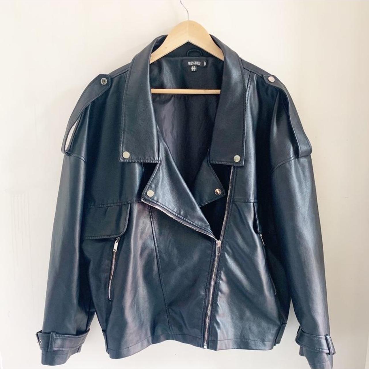 Misguided faux leather oversized biker jacket - size... - Depop