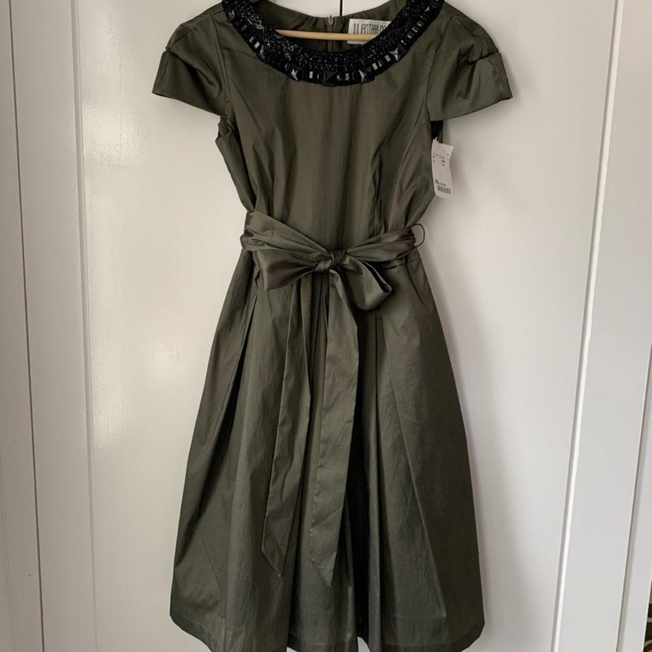 Julian Taylor jewel neck, olive satin evening dress.... - Depop