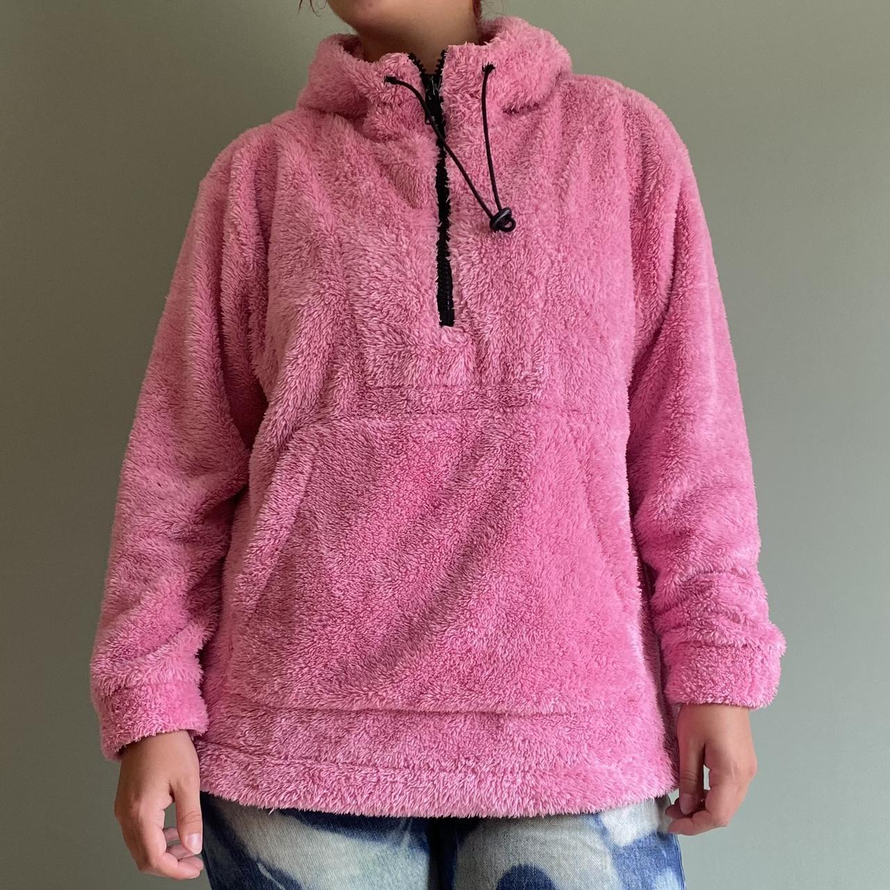 Cosiest pink fluffy hoodie with half zip and pocket... - Depop