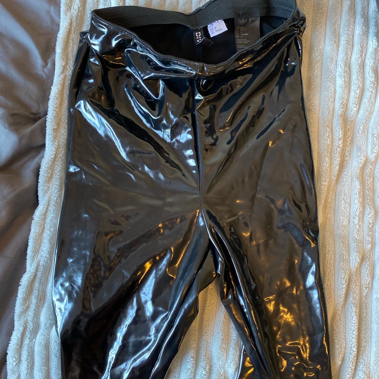 Latex black leggings with stretchy waistband from... - Depop