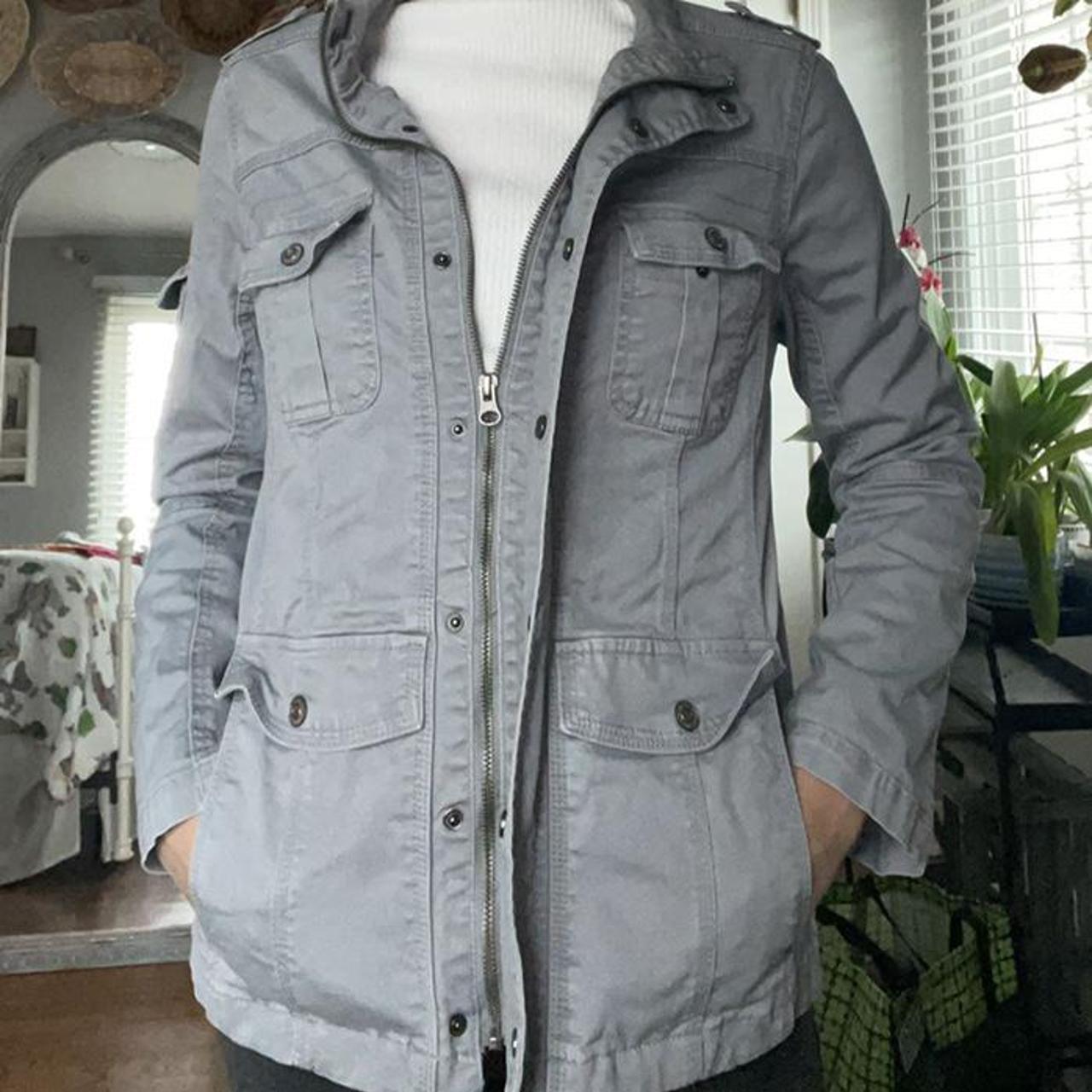 Kensie Jeans Utility Jacket in Light Grey Size... - Depop