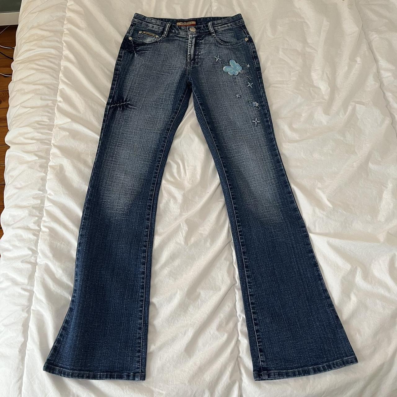 Y2k embroidered slightly flared jeans. Size small on... - Depop