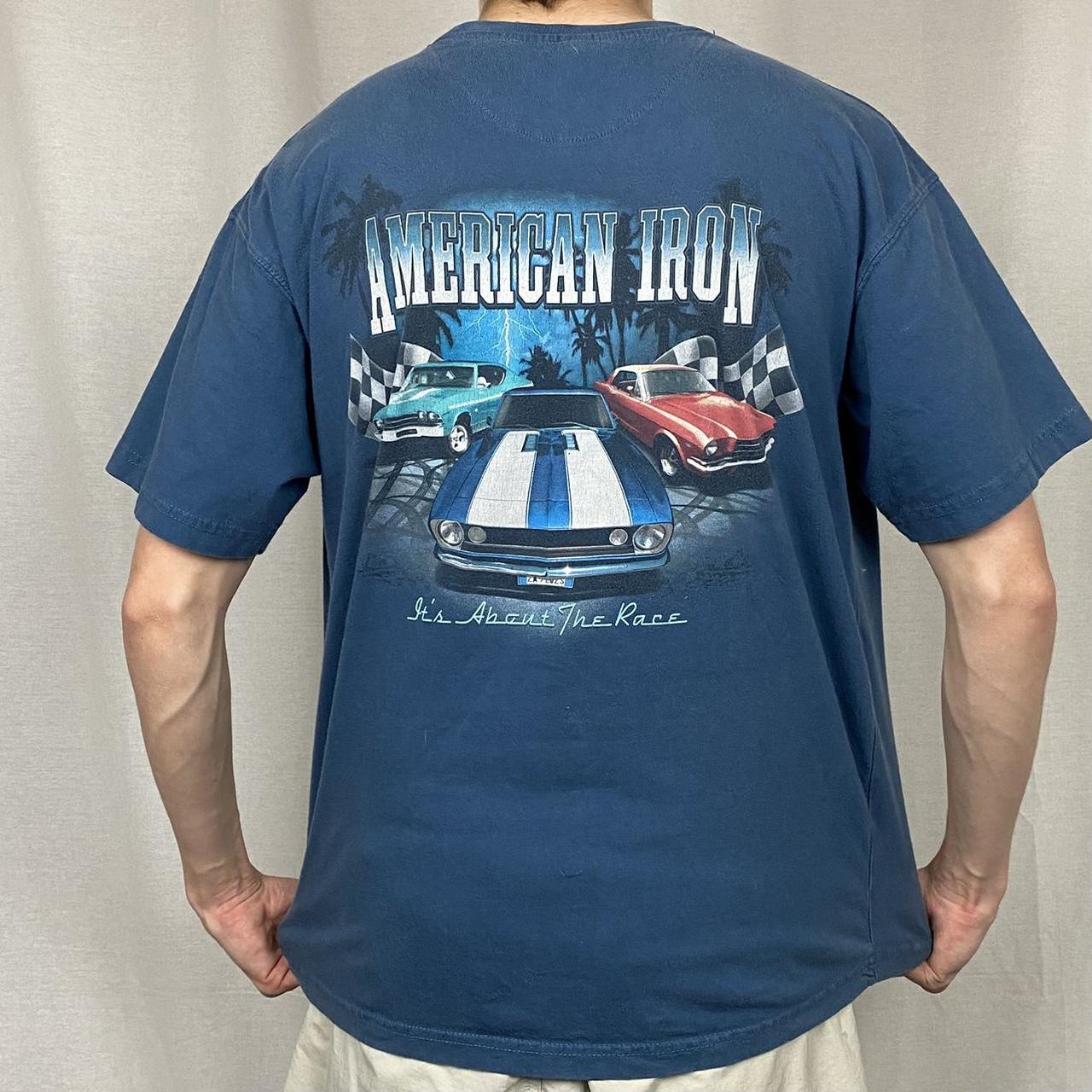 Y2k American Iron Racing T-Shirt. Faded Blue... - Depop