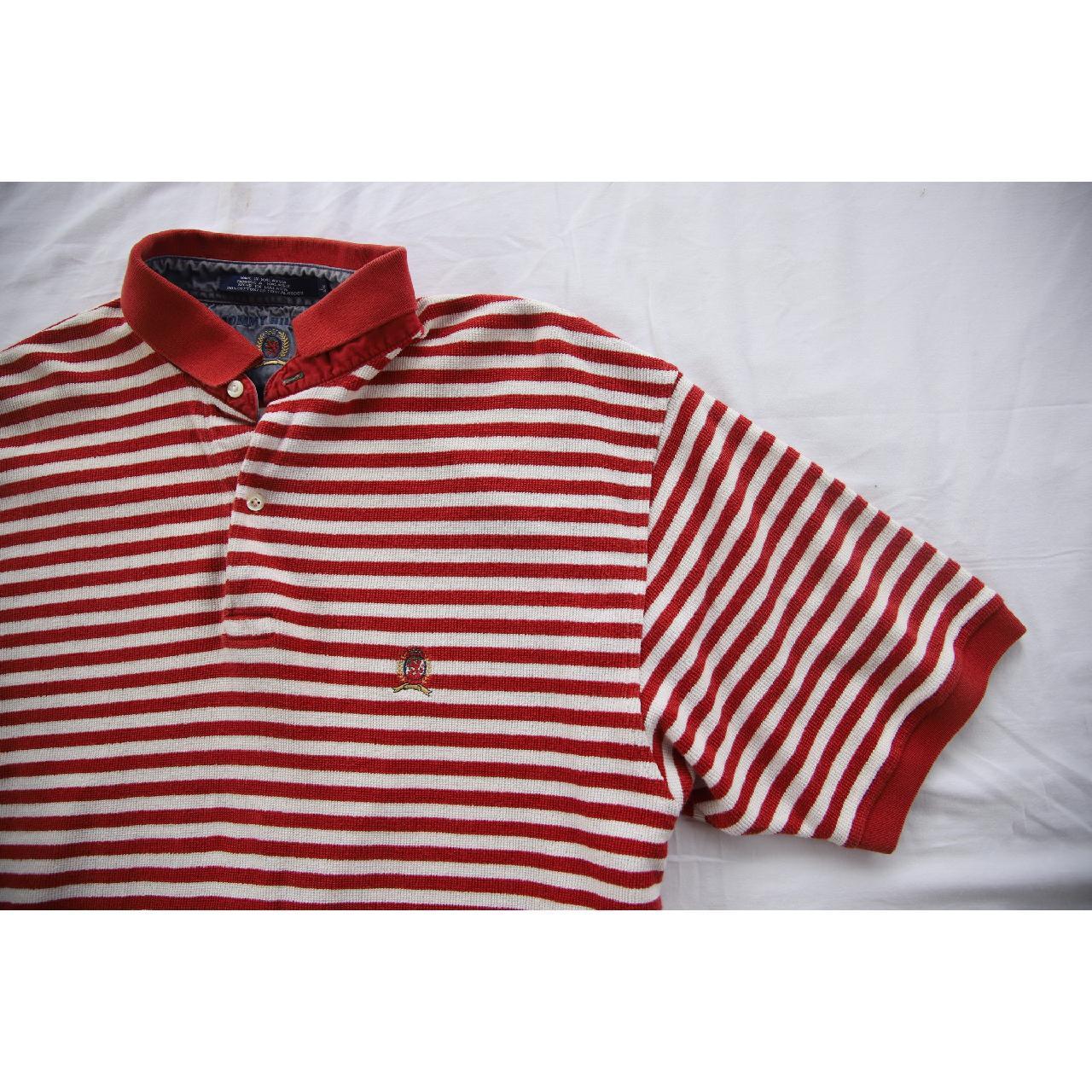 VINATGE TOMMY HILFIGER RED STRIPE POLO Red and... - Depop