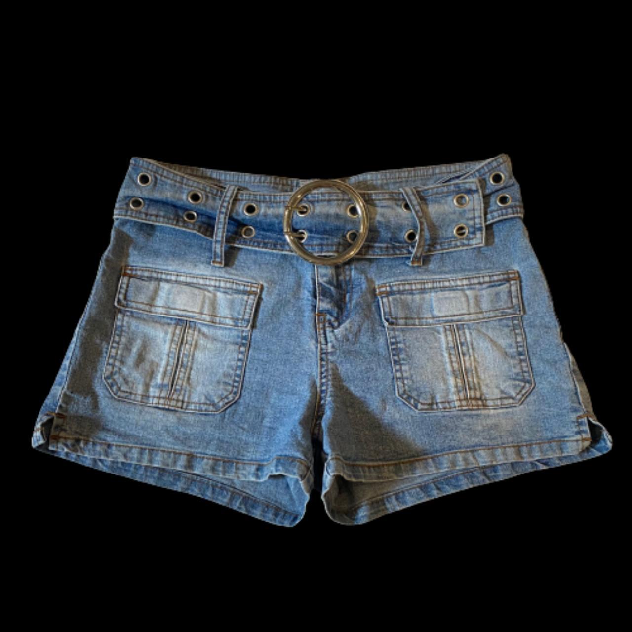 Vintage 00 Denim Jean Shorts Low Rise With Buckle... - Depop